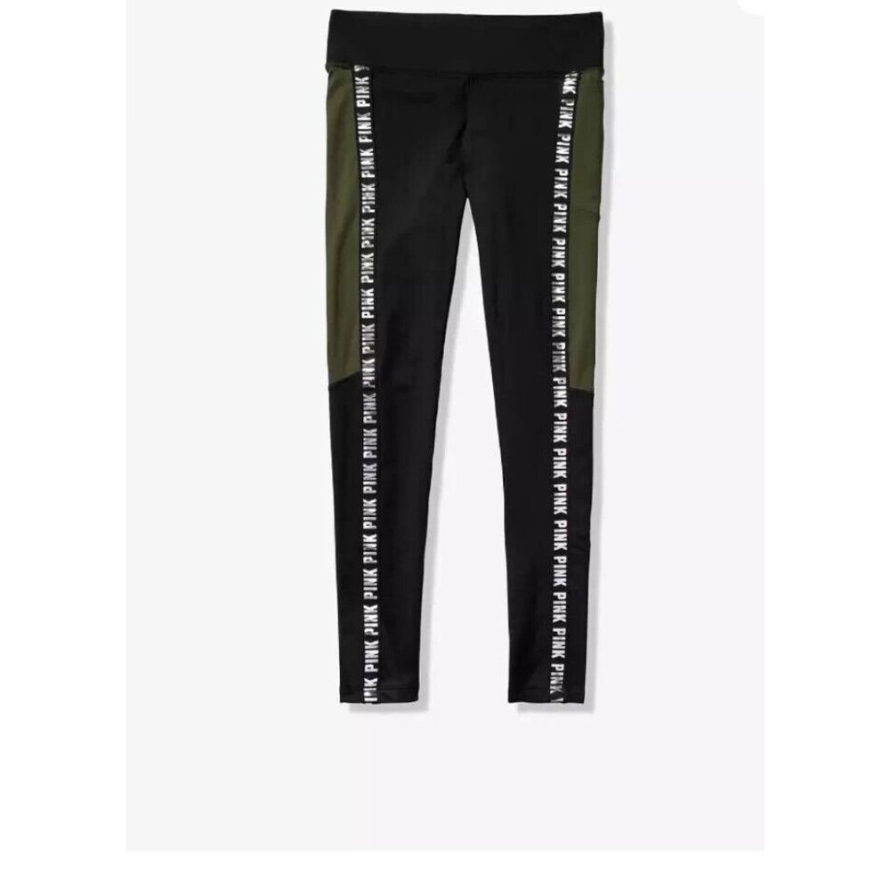 Victoria's Secret PINK Cozy Fleece Lined Black & Green w/ Silver Logo Leggings S